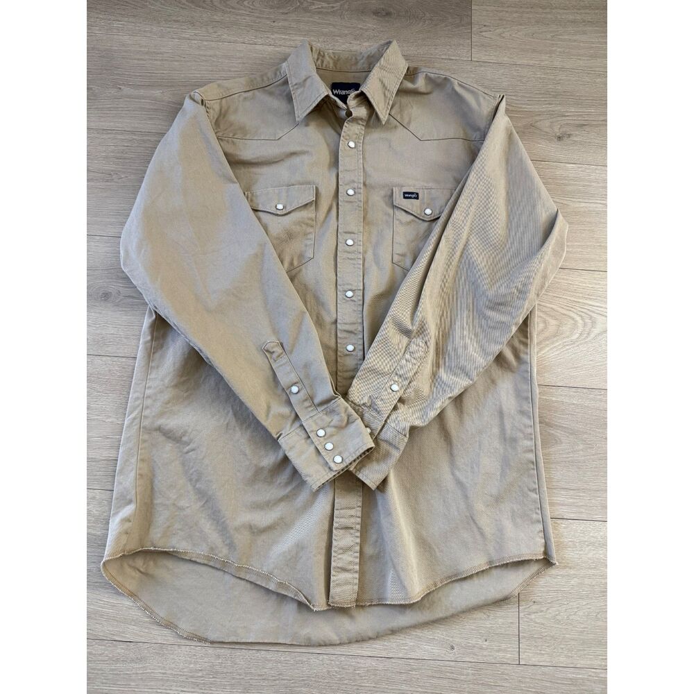 Wrangler Western Shirt Mens 17.5x37 Tall Khaki Pearl Snap Cowboy Workwear